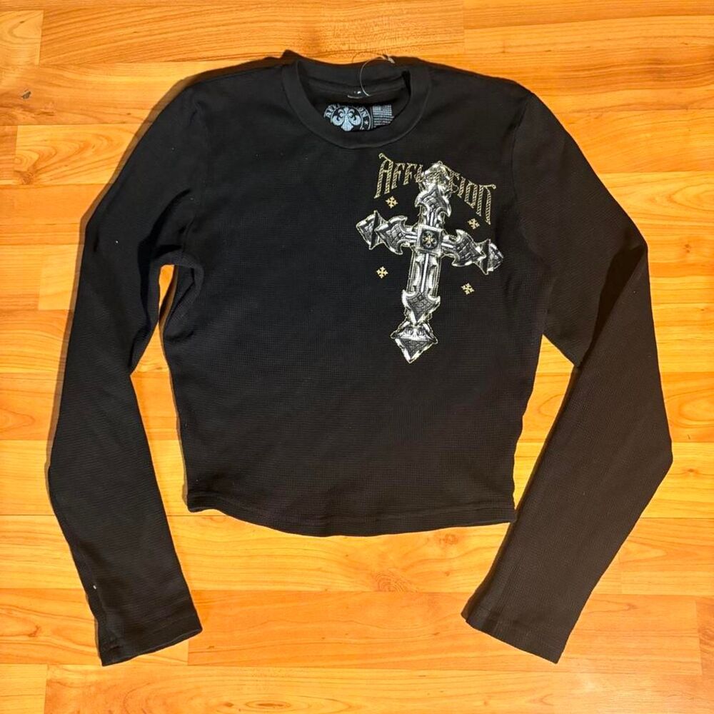 Affliction Black Long Sleeve Cross Graphic Shirt Size M Goth Emo Y2K